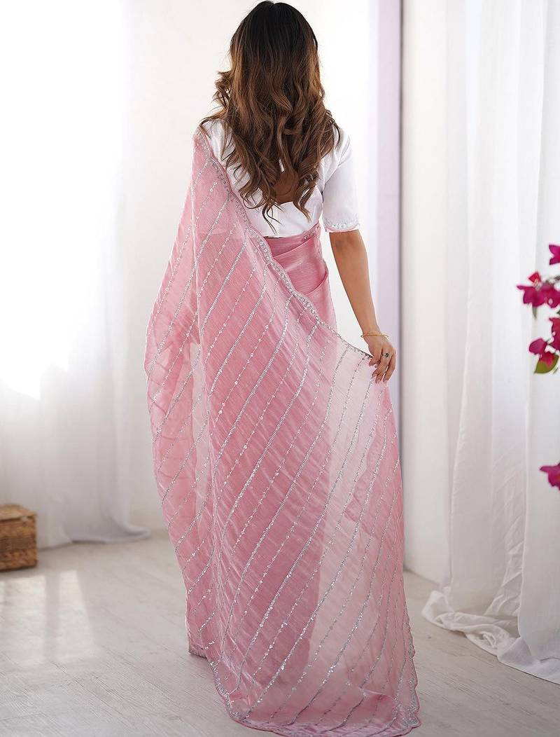 Pink striped embroidered  chiffon saree