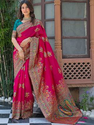 Pink woven design embroidered art silk saree 1