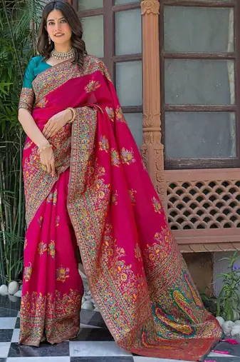 Pink woven design embroidered art silk saree
