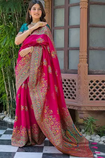 Pink woven design embroidered art silk saree