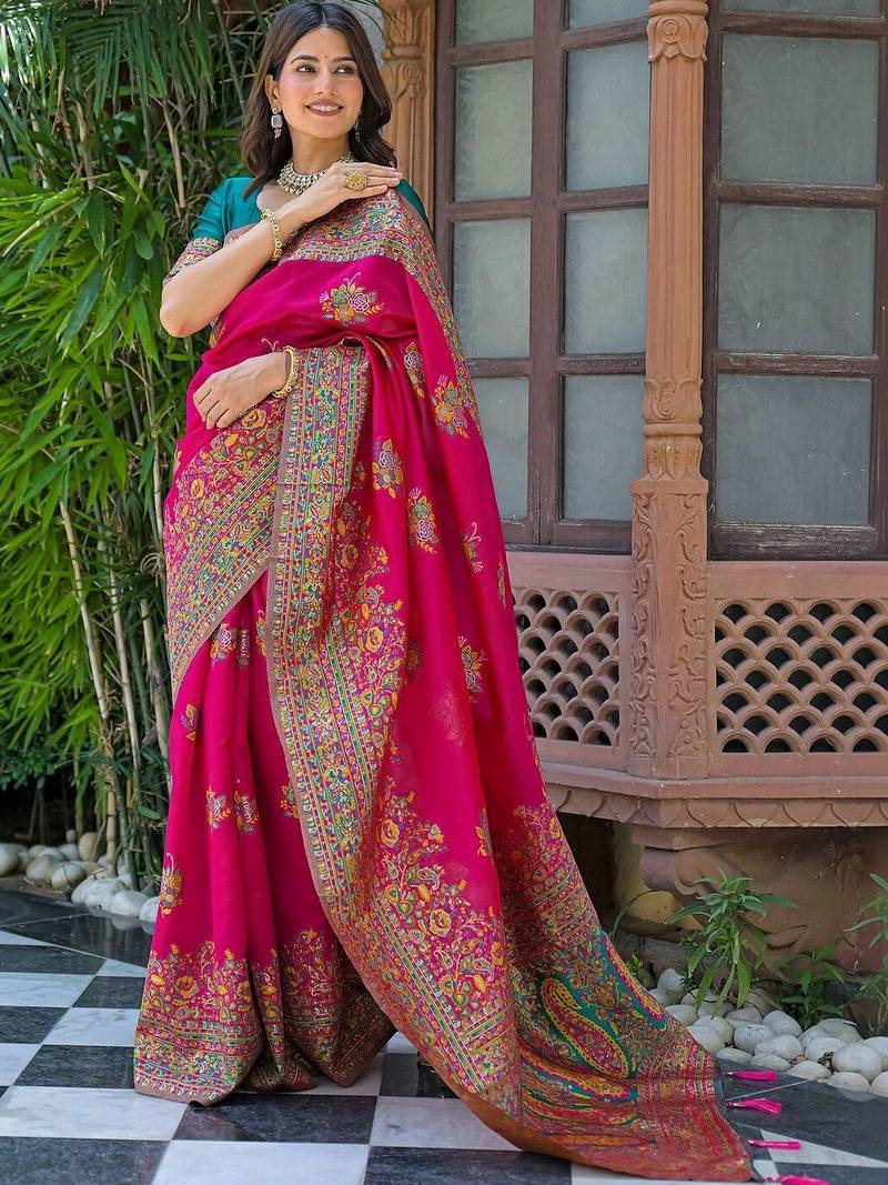 Pink woven design embroidered art silk saree