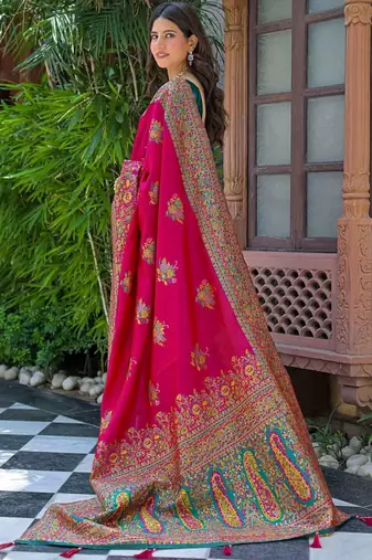 Pink woven design embroidered art silk saree