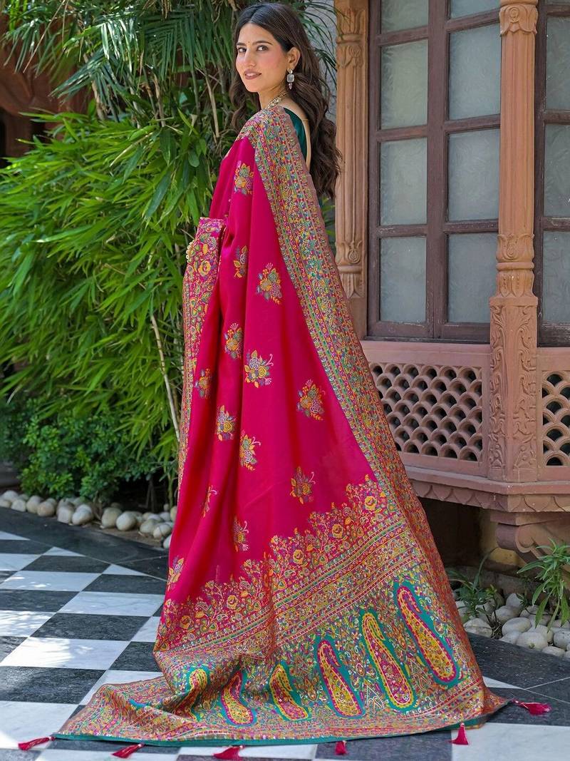 Pink woven design embroidered art silk saree