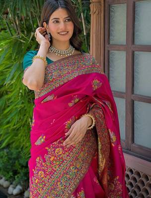 Pink woven design embroidered art silk saree 4