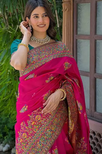 Pink woven design embroidered art silk saree