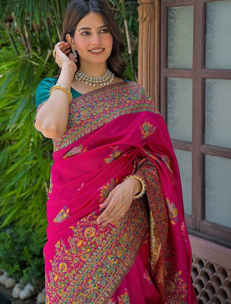 Pink woven design embroidered art silk saree