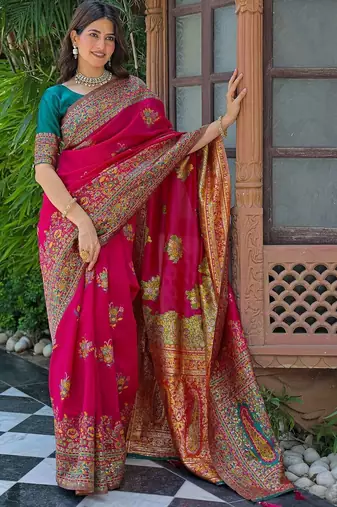 Pink woven design embroidered art silk saree