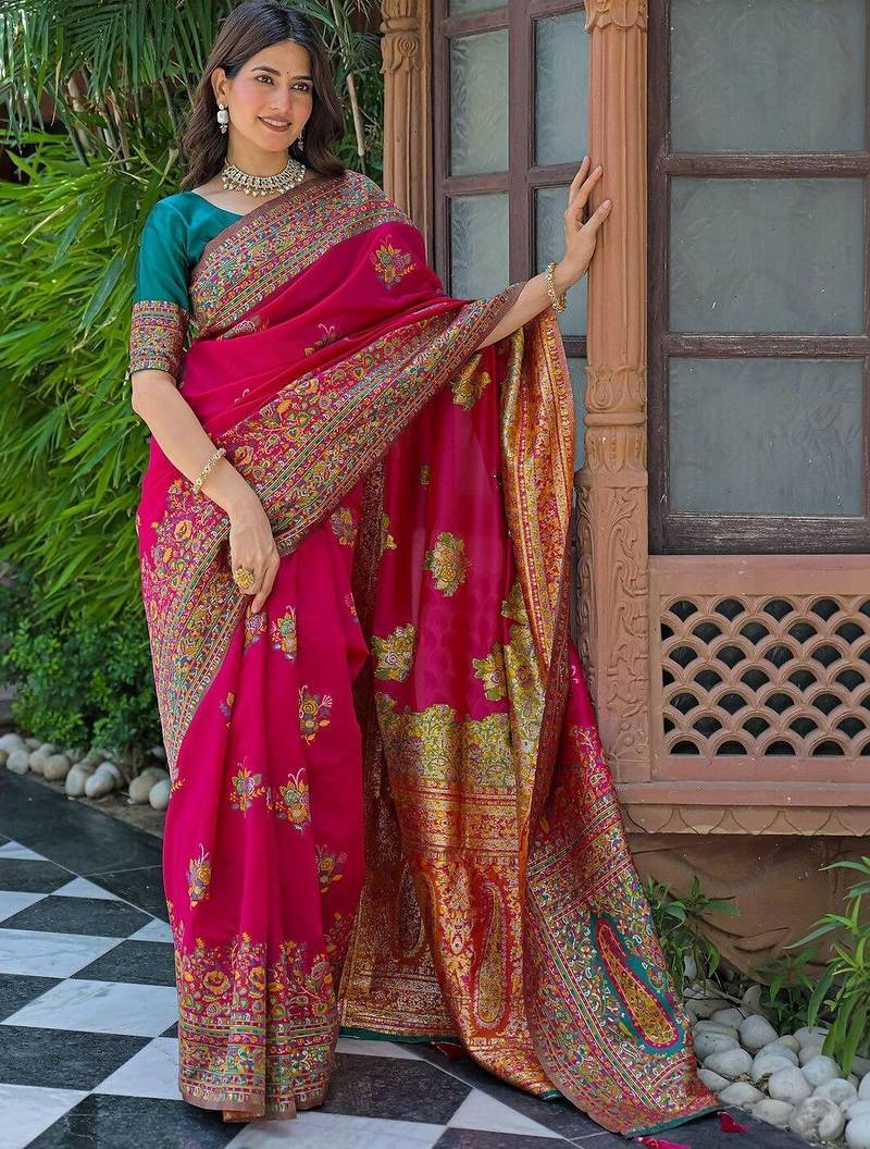 Pink woven design embroidered art silk saree