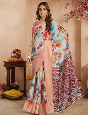Peach floral printed zari ready to wear saree 1