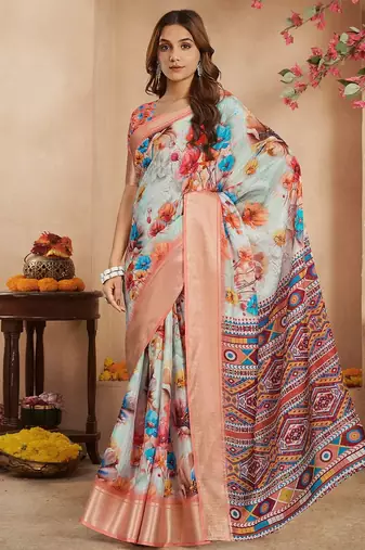 Peach floral printed zari ready to wear saree