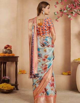 Peach floral printed zari ready to wear saree 2