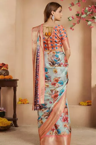 Peach floral printed zari ready to wear saree