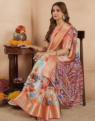 Peach floral printed zari ready to wear saree 3
