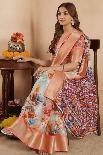 Peach floral printed zari ready to wear saree