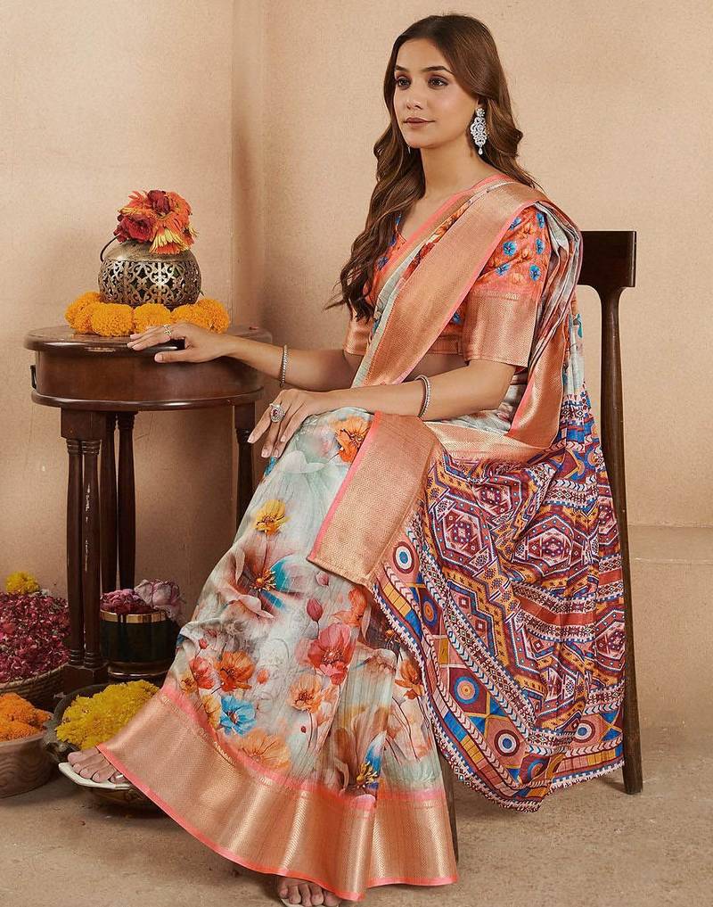 Peach floral printed zari ready to wear saree
