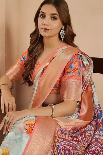 Peach floral printed zari ready to wear saree