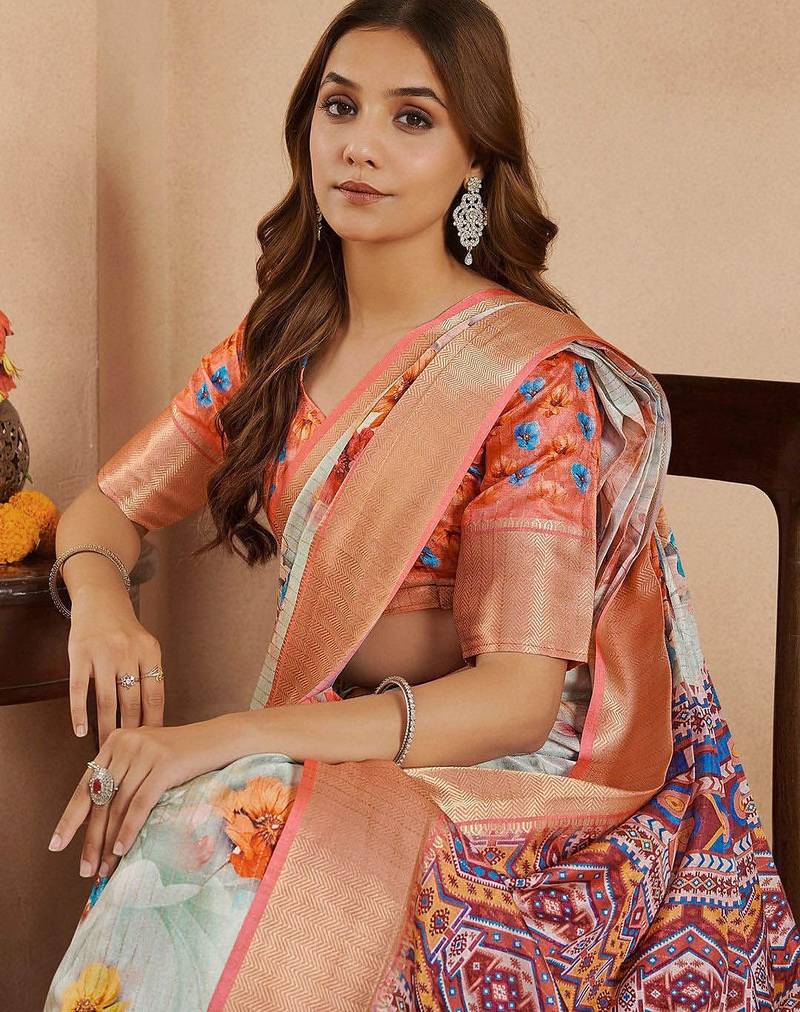 Peach floral printed zari ready to wear saree