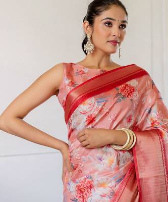 Peach floral printed zari ready to wear saree 1