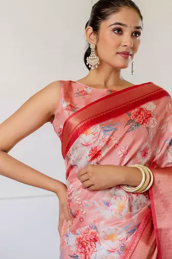 Peach floral printed zari ready to wear saree