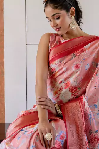 Peach floral printed zari ready to wear saree