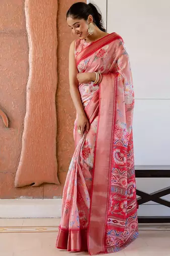 Peach floral printed zari ready to wear saree