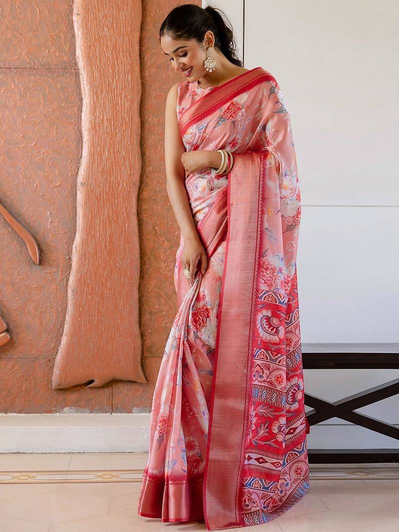 Peach floral printed zari ready to wear saree