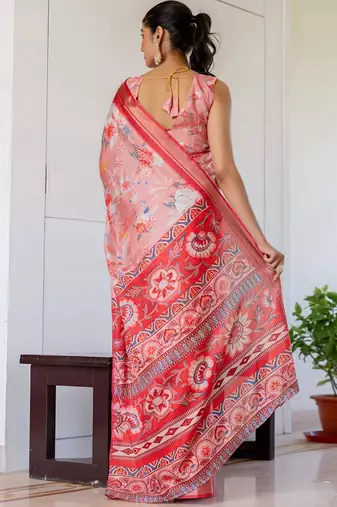 Peach floral printed zari ready to wear saree