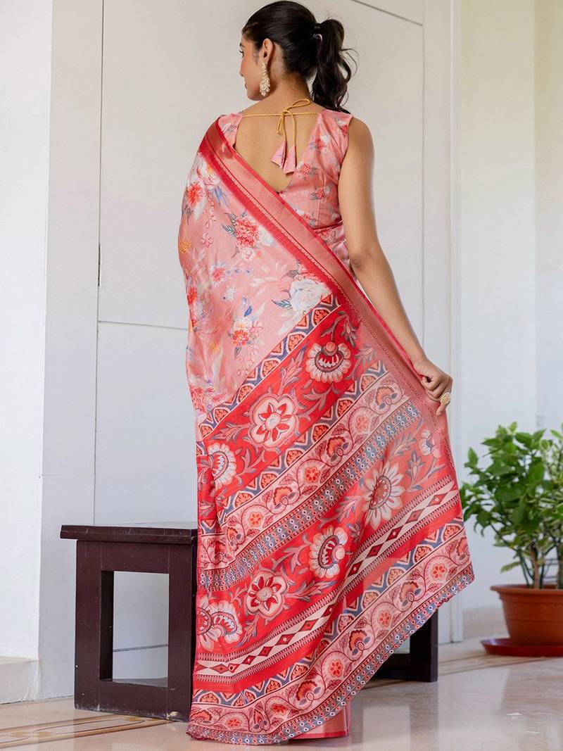 Peach floral printed zari ready to wear saree