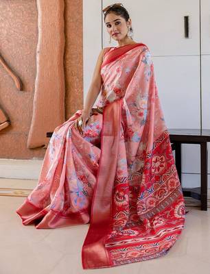 Peach floral printed zari ready to wear saree 5