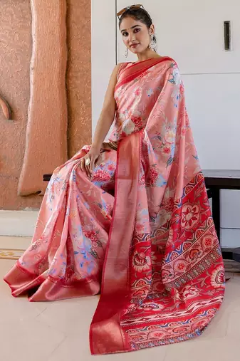 Peach floral printed zari ready to wear saree