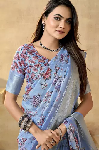 Blue floral zari silk blend ready to wear saree