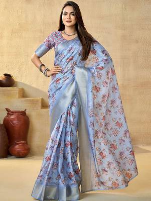 Blue floral zari silk blend ready to wear saree 2