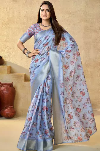 Blue floral zari silk blend ready to wear saree