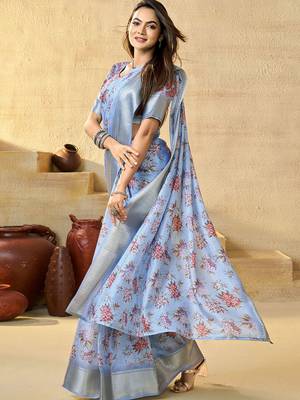 Blue floral zari silk blend ready to wear saree 3