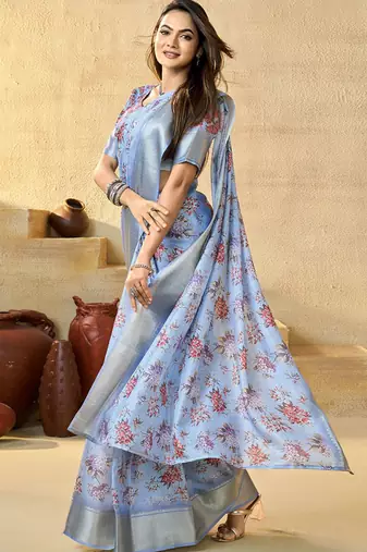Blue floral zari silk blend ready to wear saree