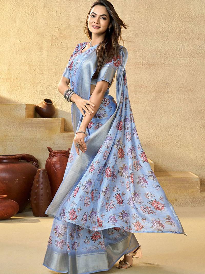 Blue floral zari silk blend ready to wear saree
