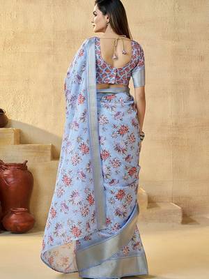 Blue floral zari silk blend ready to wear saree 4