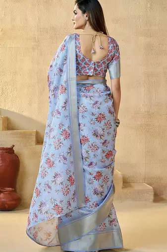 Blue floral zari silk blend ready to wear saree