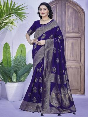 Blue ethnic motifs zari art silk banarasi saree 1