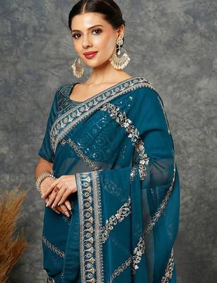 Blue embellished embroidered  georgette saree 1