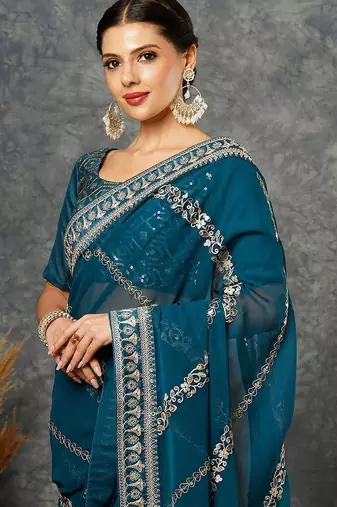 Blue embellished embroidered  georgette saree