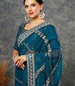 Blue embellished embroidered  georgette saree