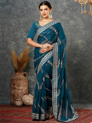 Blue embellished embroidered  georgette saree 2