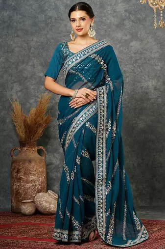 Blue embellished embroidered  georgette saree