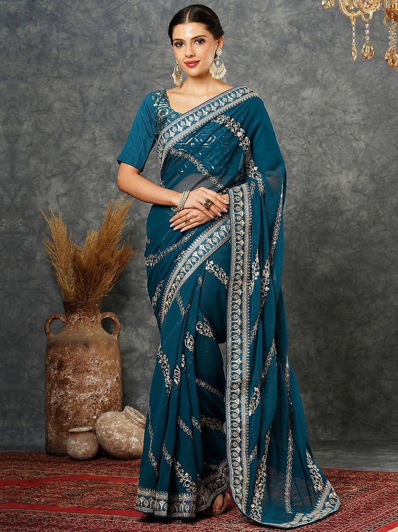 Blue embellished embroidered  georgette saree