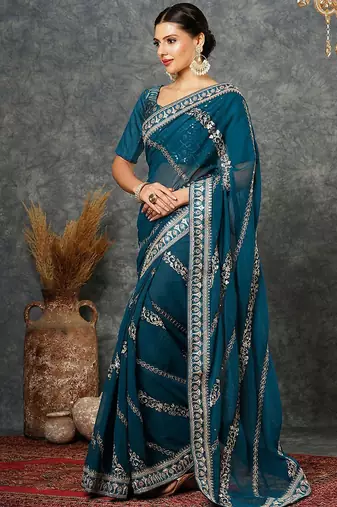 Blue embellished embroidered  georgette saree