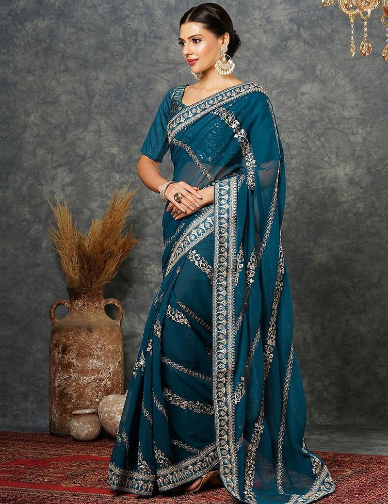 Blue embellished embroidered  georgette saree