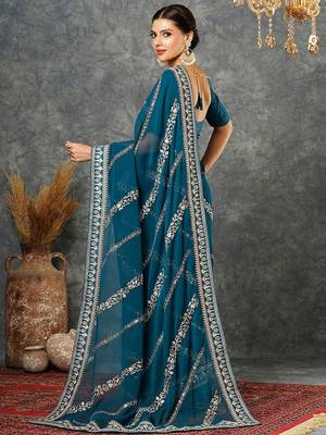 Blue embellished embroidered  georgette saree 4