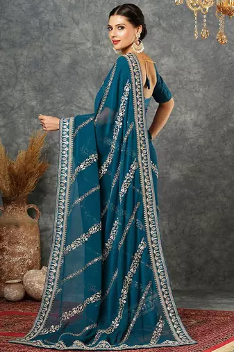 Blue embellished embroidered  georgette saree