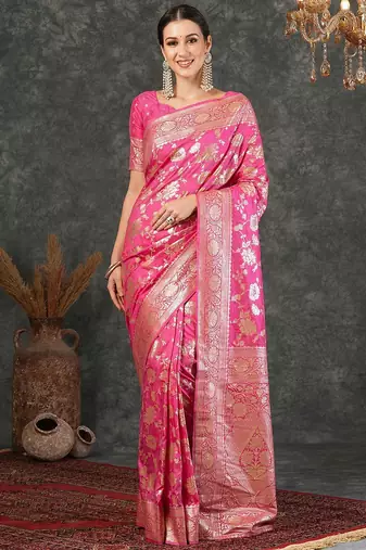 Pink women printed jacquard saree